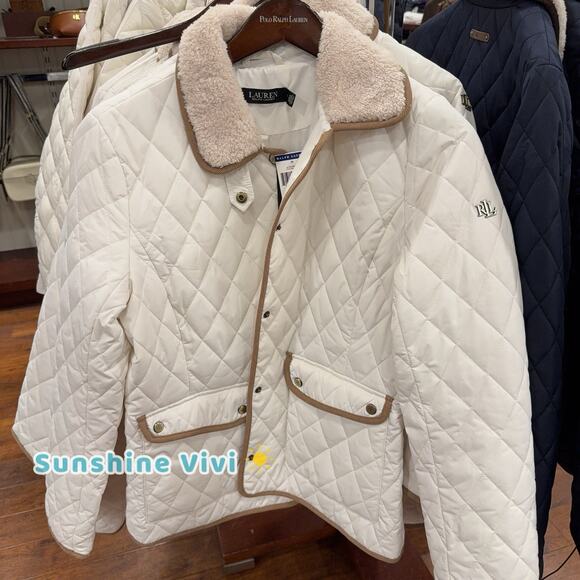 NWT Ralph Lauren Polo Women's Faux-Shearling-Trim Quilted Jacket Chalk medium